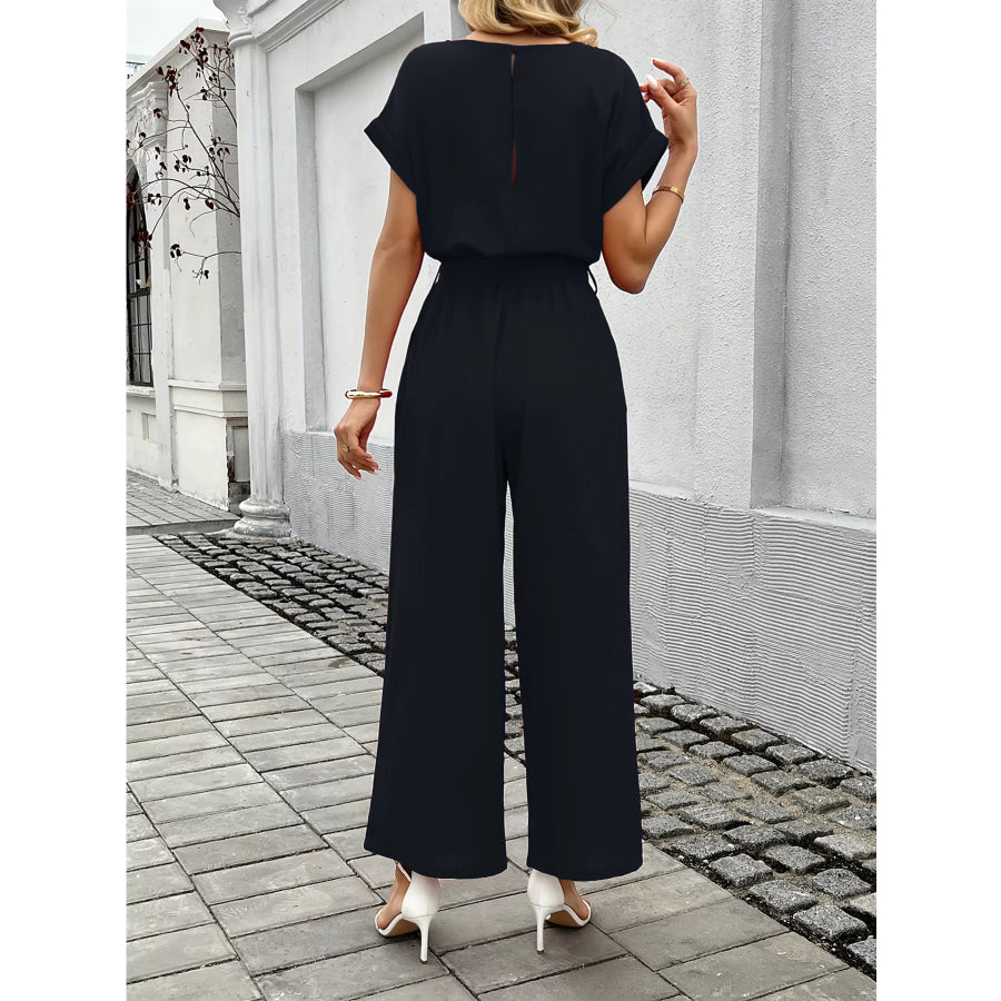 Tie Waist Wide Leg Jumpsuit Apparel and Accessories