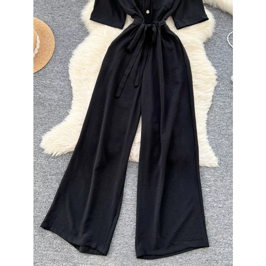 Tie Waist Wide Leg Jumpsuit Apparel and Accessories