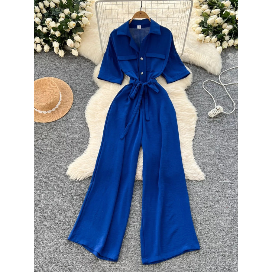 Tie Waist Wide Leg Jumpsuit Apparel and Accessories