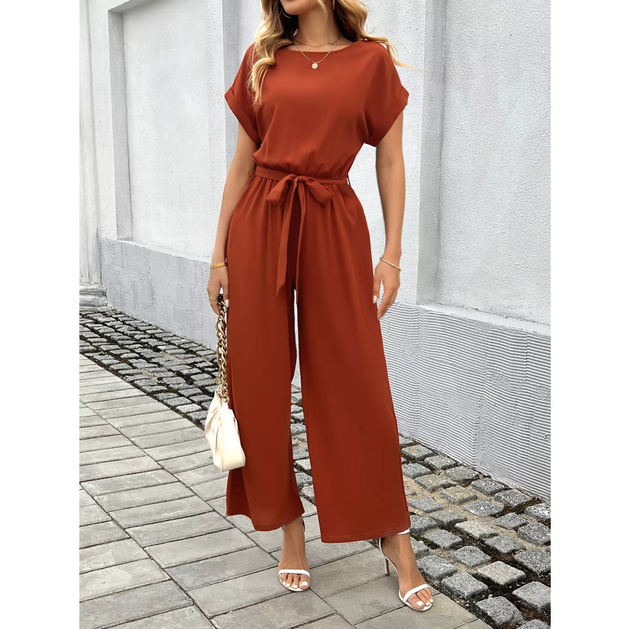 Tie Waist Wide Leg Jumpsuit Apparel and Accessories