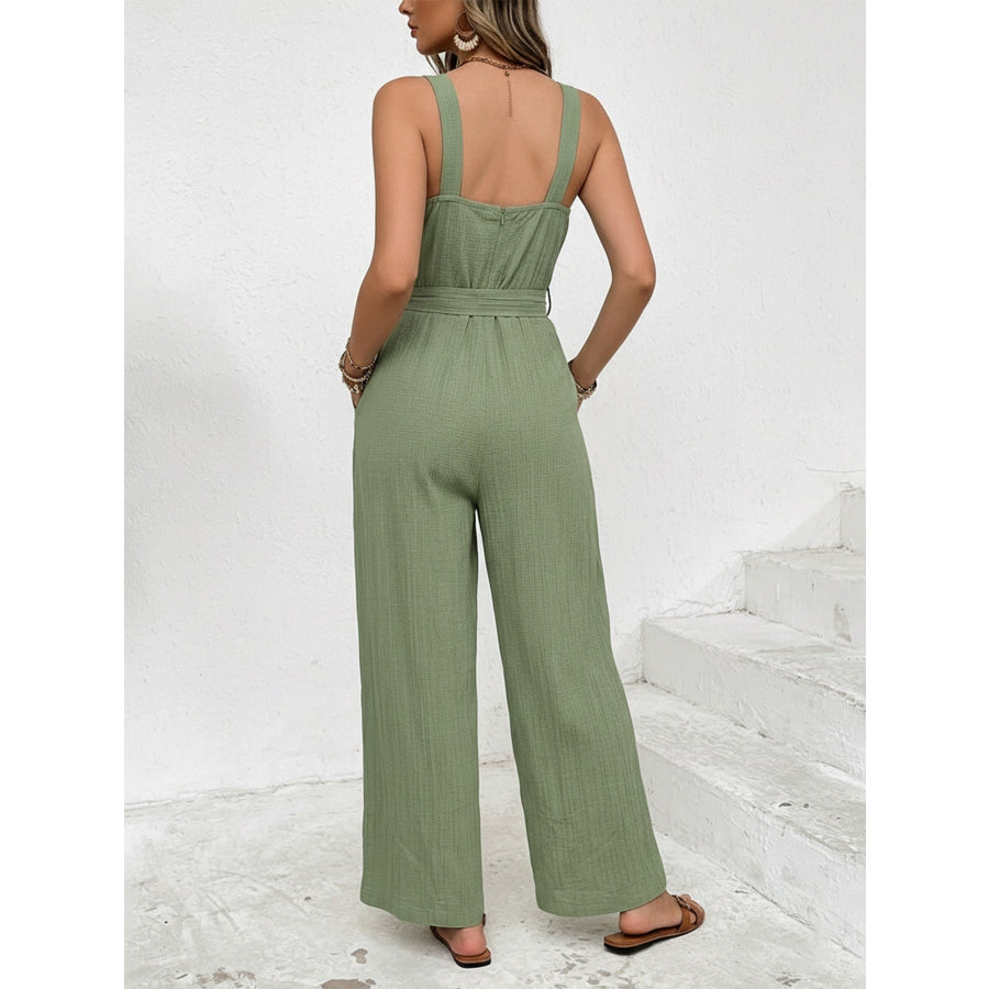 Tie Waist Wide Leg Jumpsuit Apparel and Accessories