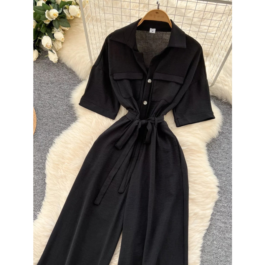 Tie Waist Wide Leg Jumpsuit Apparel and Accessories