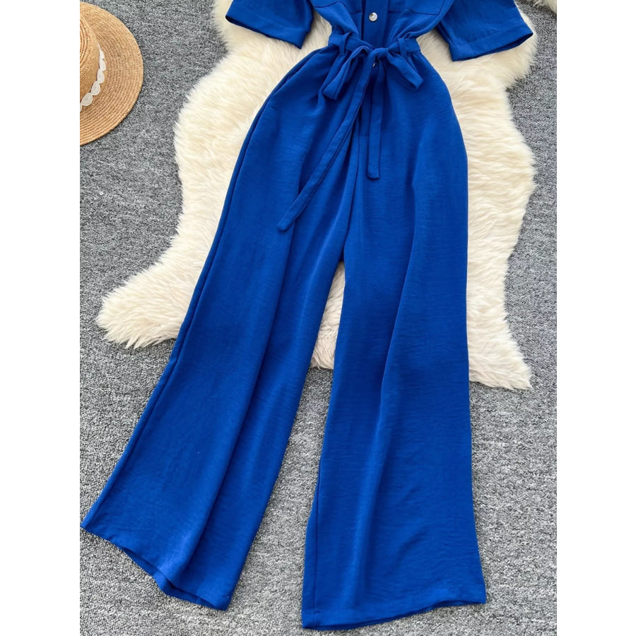 Tie Waist Wide Leg Jumpsuit Apparel and Accessories