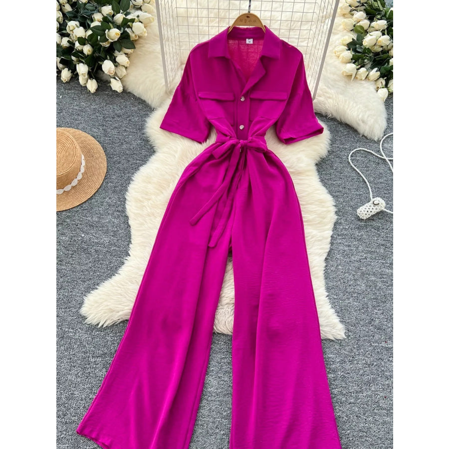 Tie Waist Wide Leg Jumpsuit Apparel and Accessories