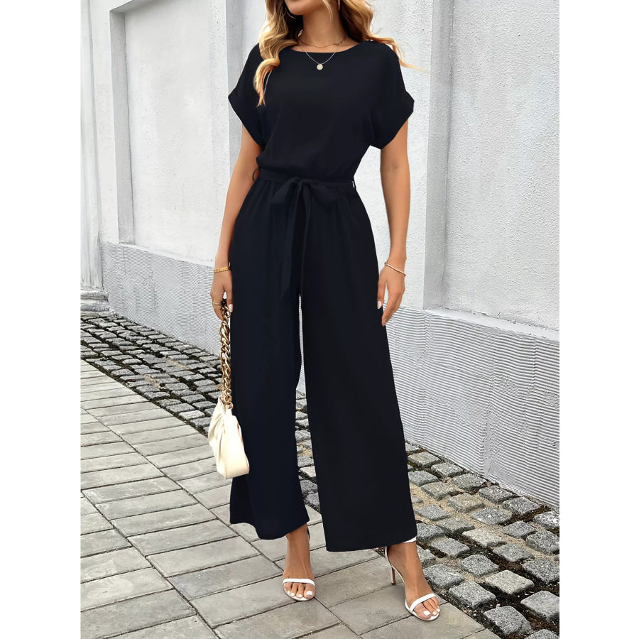 Tie Waist Wide Leg Jumpsuit Apparel and Accessories