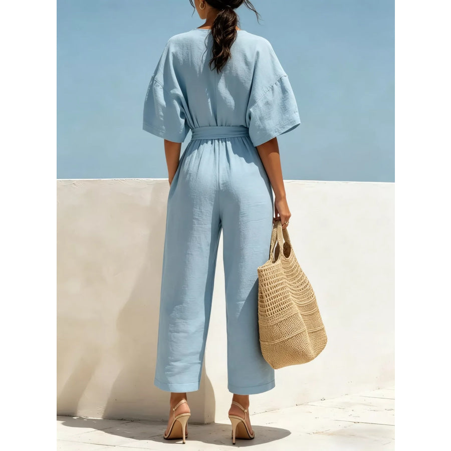 Tie Waist Wide Leg Jumpsuit Apparel and Accessories