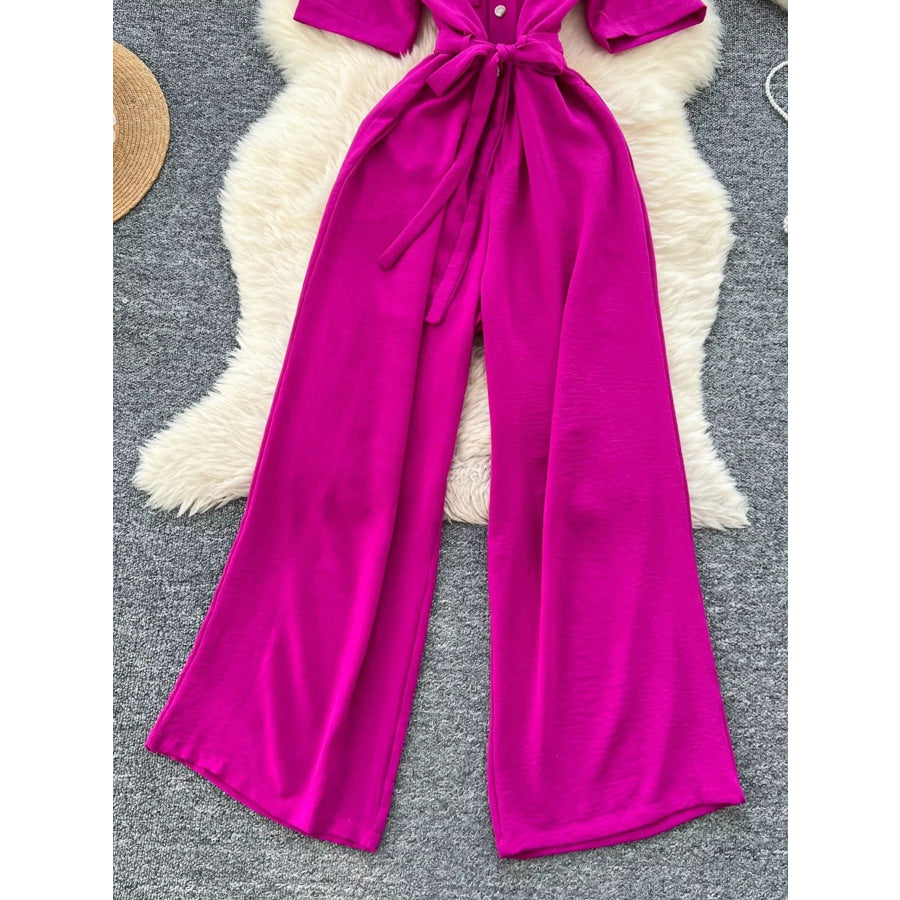 Tie Waist Wide Leg Jumpsuit Apparel and Accessories