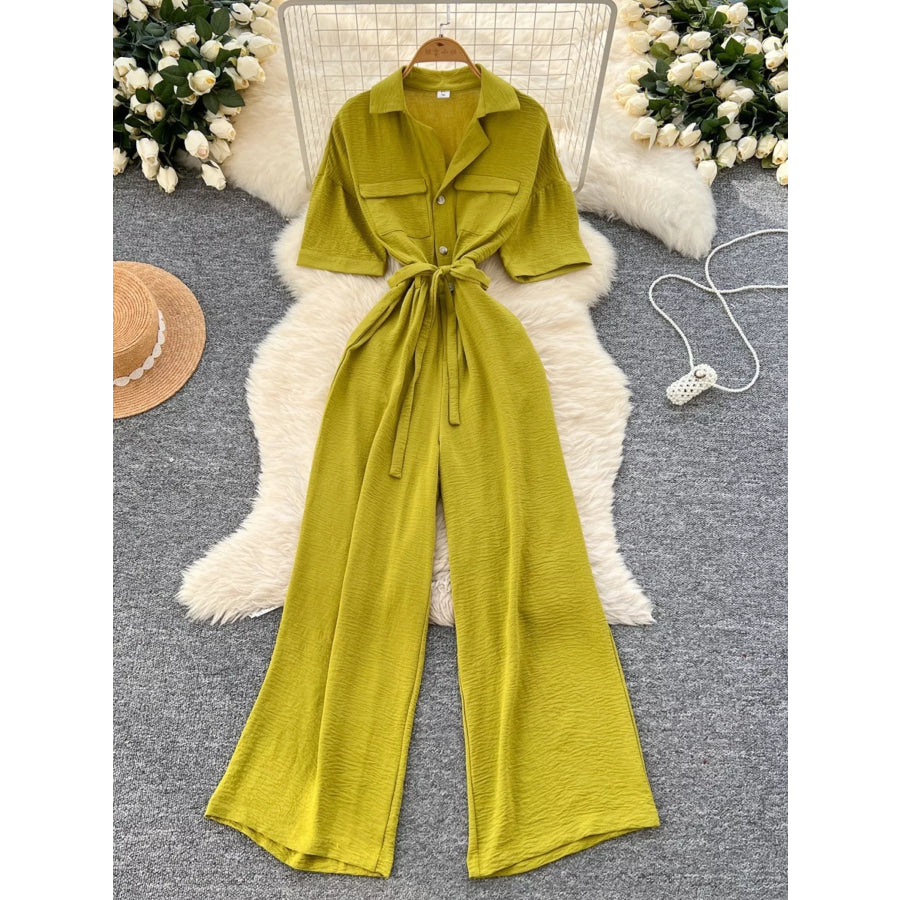 Tie Waist Wide Leg Jumpsuit Apparel and Accessories