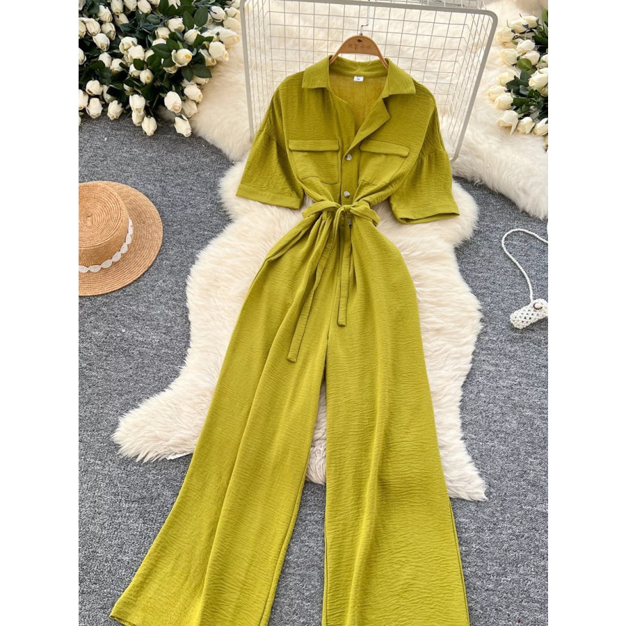 Tie Waist Wide Leg Jumpsuit Apparel and Accessories