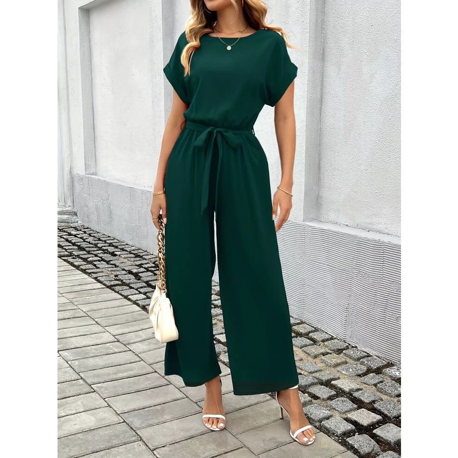 Tie Waist Wide Leg Jumpsuit Apparel and Accessories