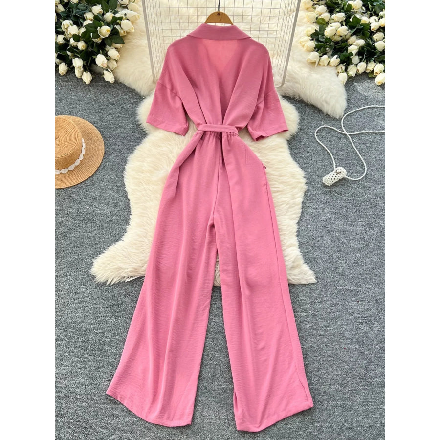 Tie Waist Wide Leg Jumpsuit Apparel and Accessories