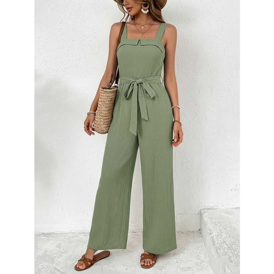 Tie Waist Wide Leg Jumpsuit Apparel and Accessories