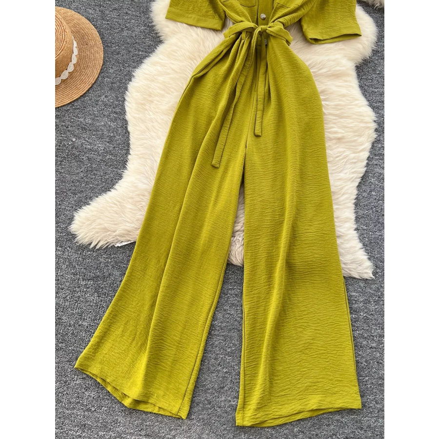 Tie Waist Wide Leg Jumpsuit Apparel and Accessories
