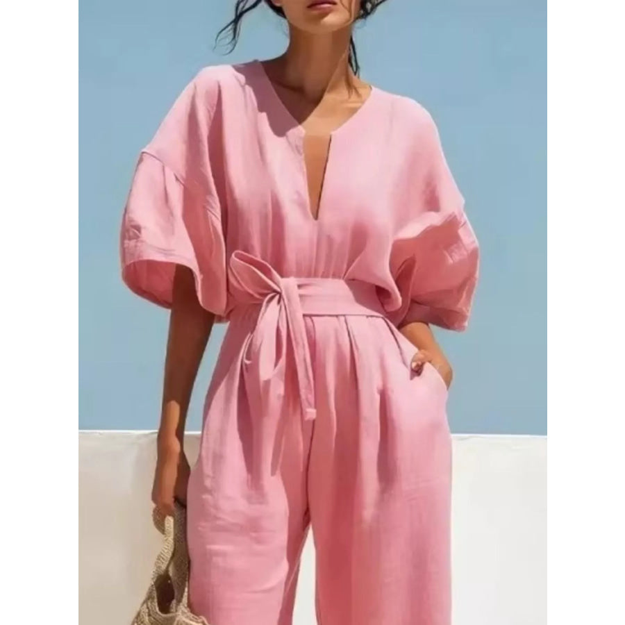 Tie Waist Wide Leg Jumpsuit Apparel and Accessories