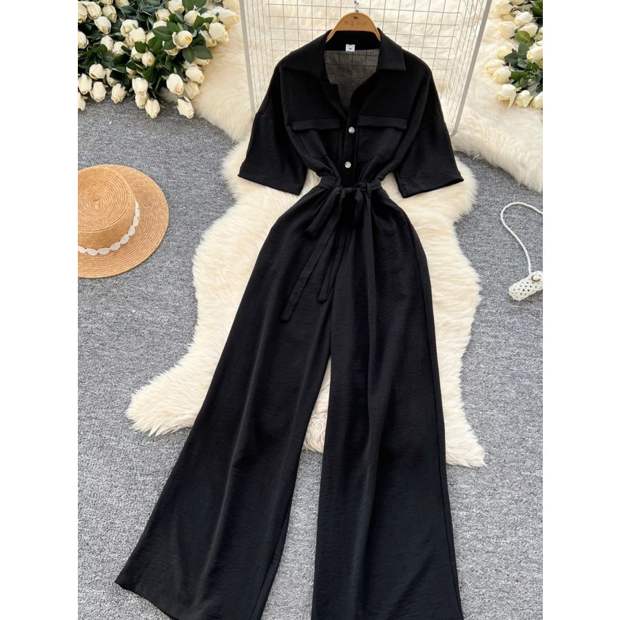 Tie Waist Wide Leg Jumpsuit Apparel and Accessories