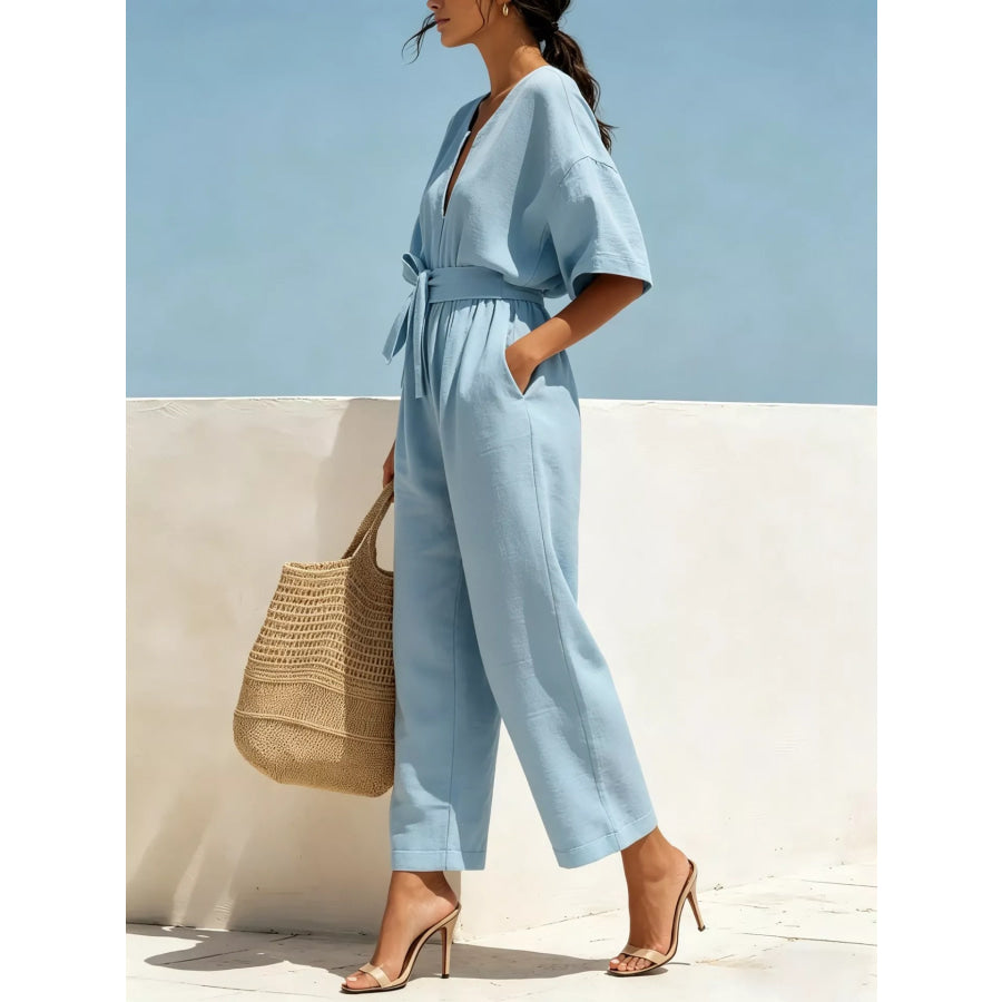 Tie Waist Wide Leg Jumpsuit Apparel and Accessories