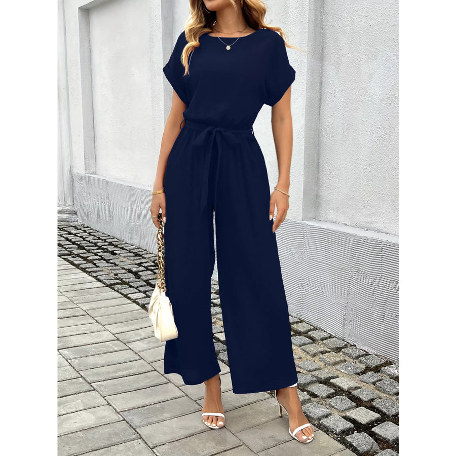 Tie Waist Wide Leg Jumpsuit Apparel and Accessories