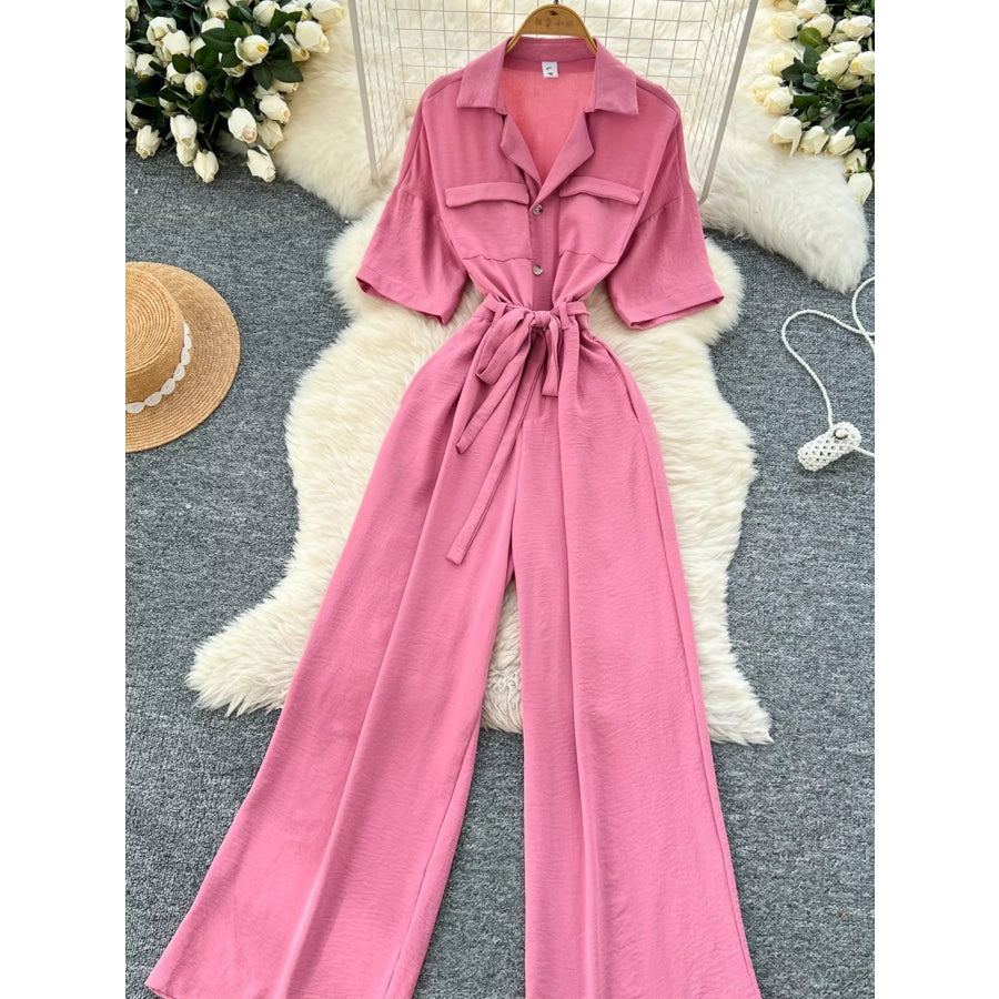 Tie Waist Wide Leg Jumpsuit Apparel and Accessories