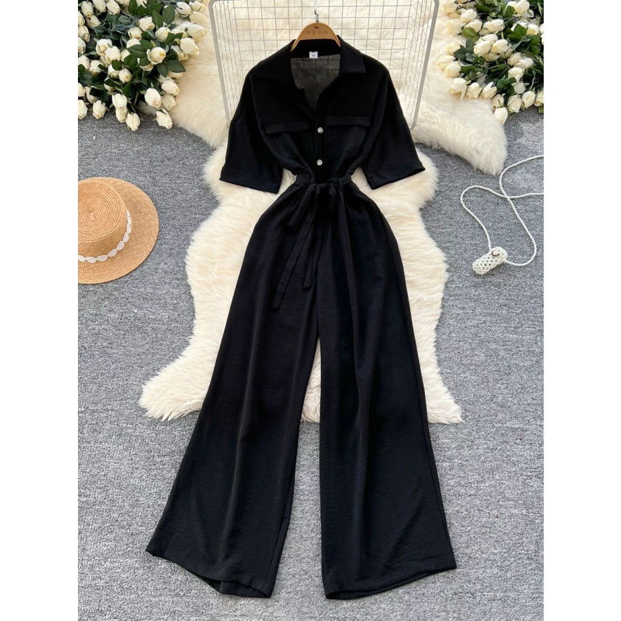 Tie Waist Wide Leg Jumpsuit Black / One Size Apparel and Accessories