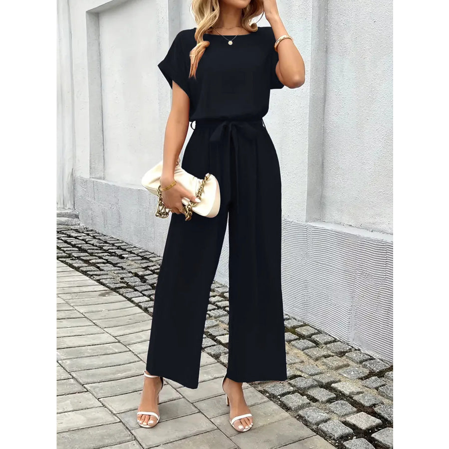Tie Waist Wide Leg Jumpsuit Black / S Apparel and Accessories