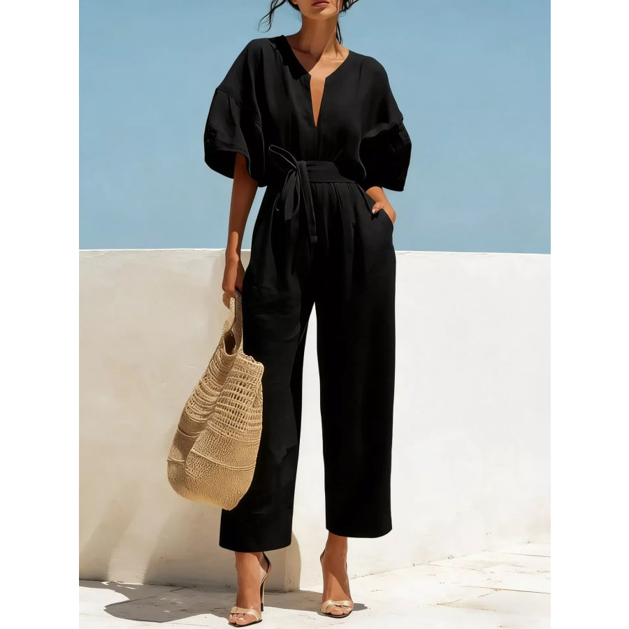 Tie Waist Wide Leg Jumpsuit Black / S Apparel and Accessories