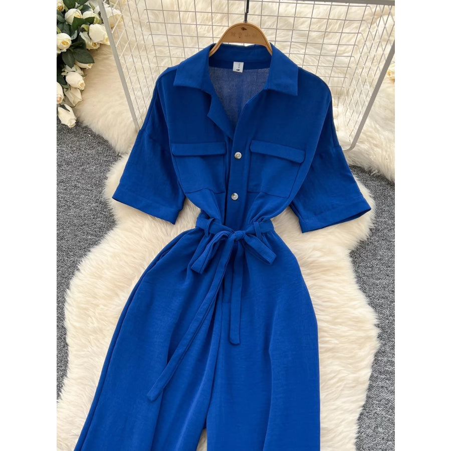 Tie Waist Wide Leg Jumpsuit Blue / One Size Apparel and Accessories