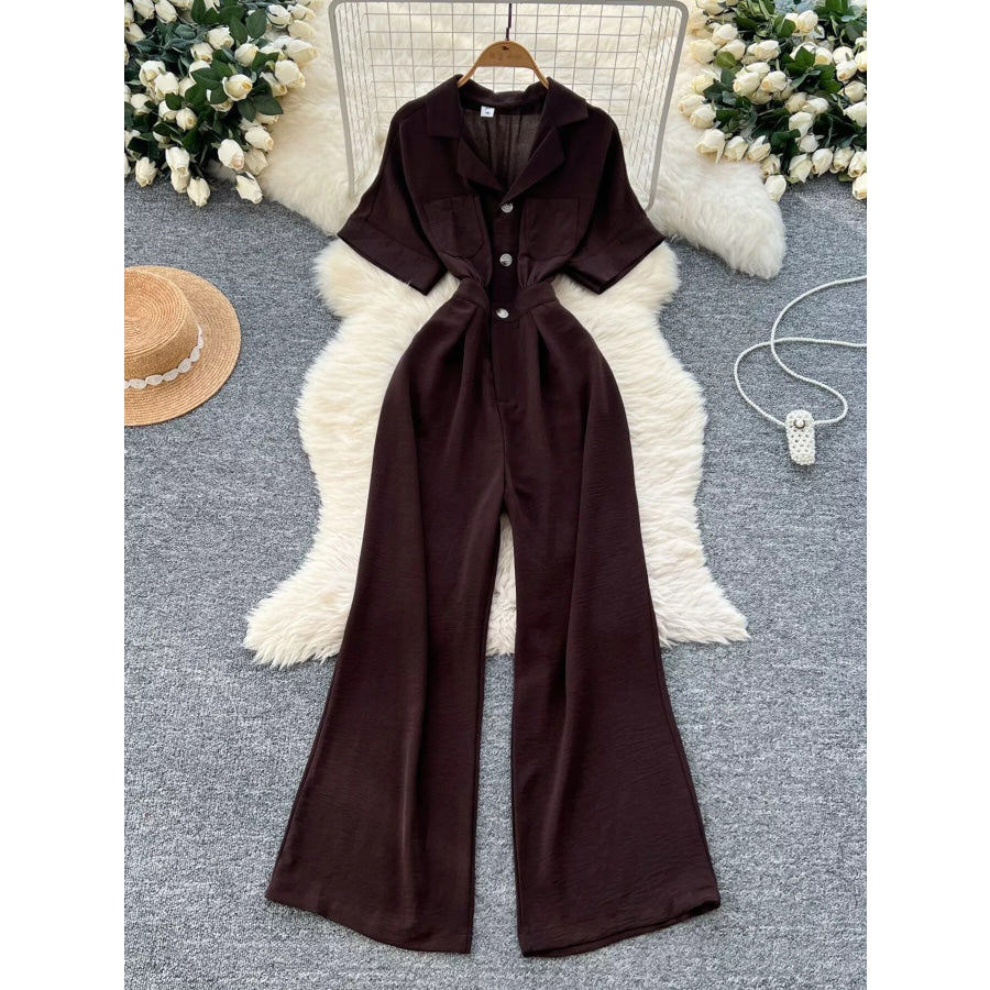 Tie Waist Wide Leg Jumpsuit Brown / One Size Apparel and Accessories