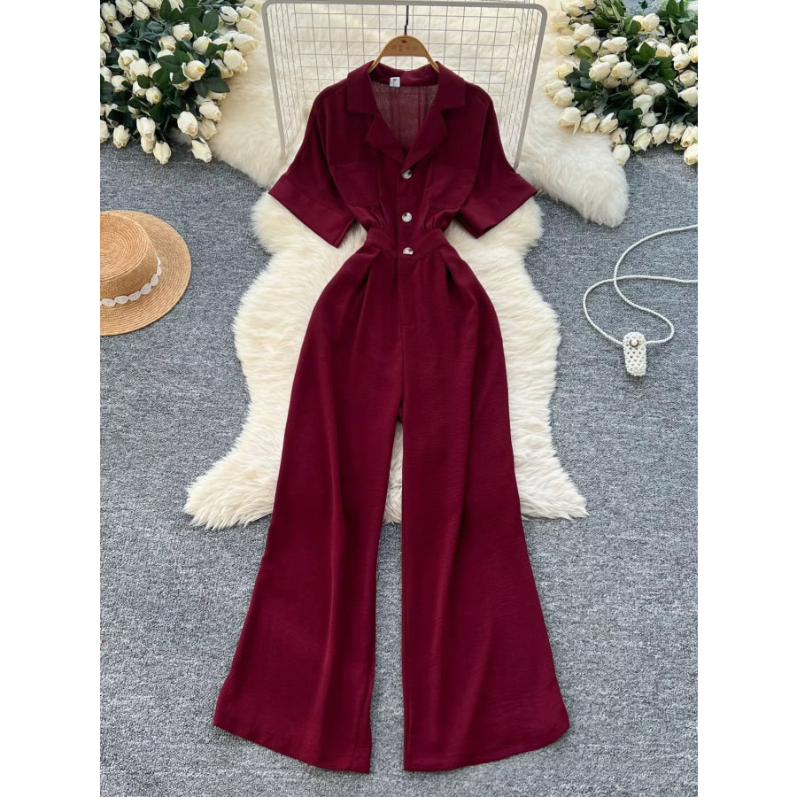 Tie Waist Wide Leg Jumpsuit Burgundy / One Size Apparel and Accessories