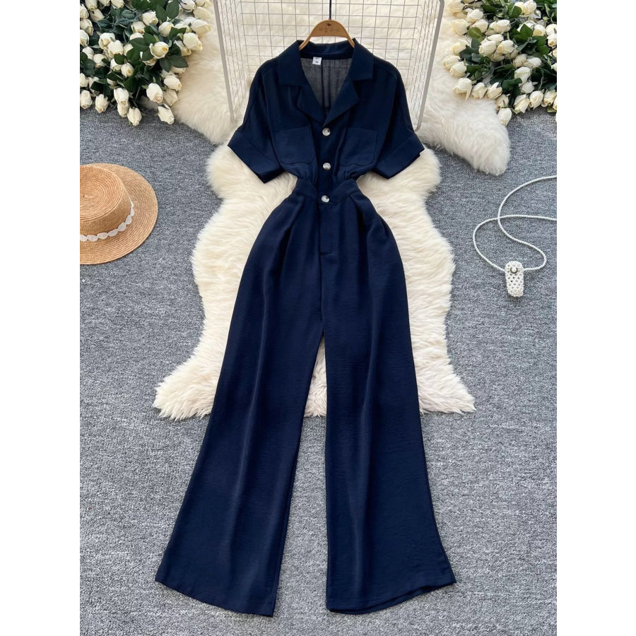 Tie Waist Wide Leg Jumpsuit Dark Blue / One Size Apparel and Accessories