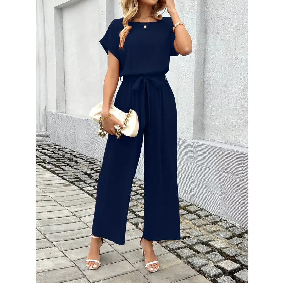 Tie Waist Wide Leg Jumpsuit Dark Blue / S Apparel and Accessories