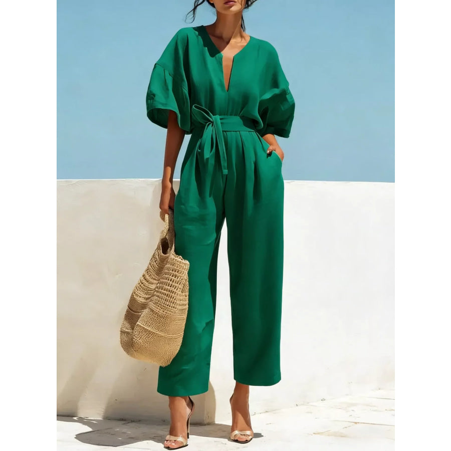 Tie Waist Wide Leg Jumpsuit Dark Green / S Apparel and Accessories