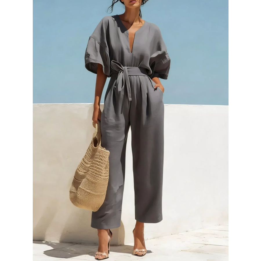 Tie Waist Wide Leg Jumpsuit Gray / S Apparel and Accessories