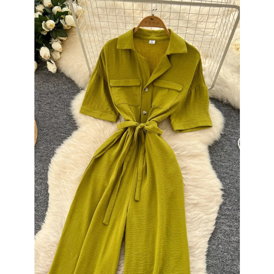 Tie Waist Wide Leg Jumpsuit Green / One Size Apparel and Accessories