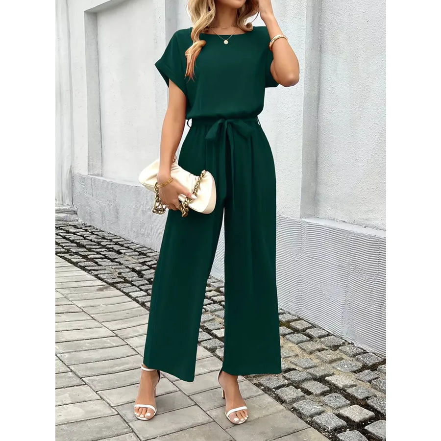 Tie Waist Wide Leg Jumpsuit Green / S Apparel and Accessories