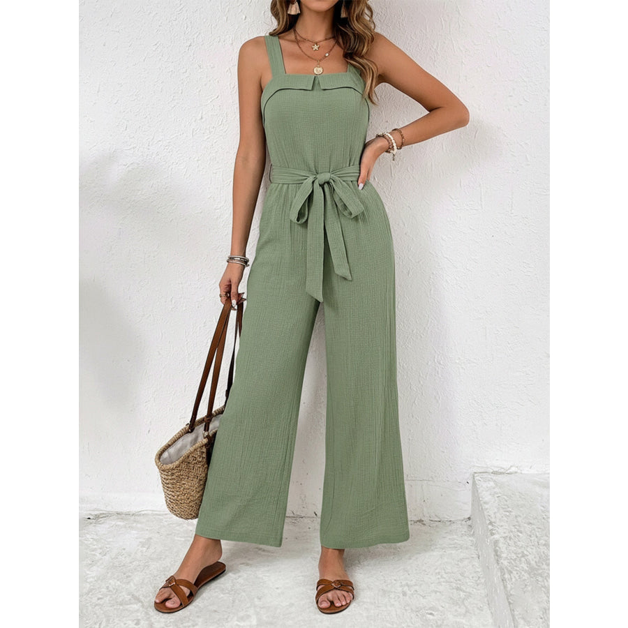 Tie Waist Wide Leg Jumpsuit Green / S Apparel and Accessories