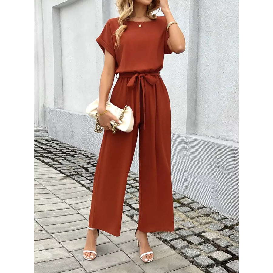 Tie Waist Wide Leg Jumpsuit Orange Red / S Apparel and Accessories