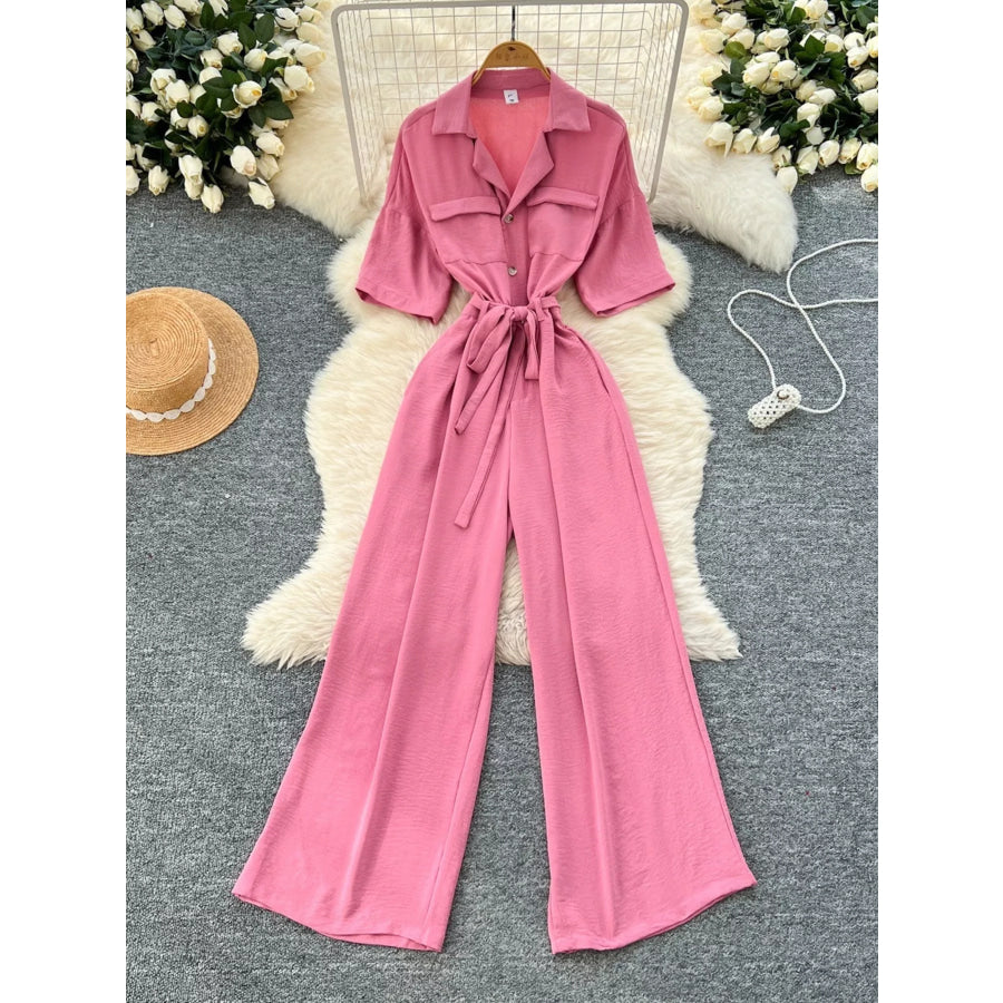 Tie Waist Wide Leg Jumpsuit Pink / One Size Apparel and Accessories