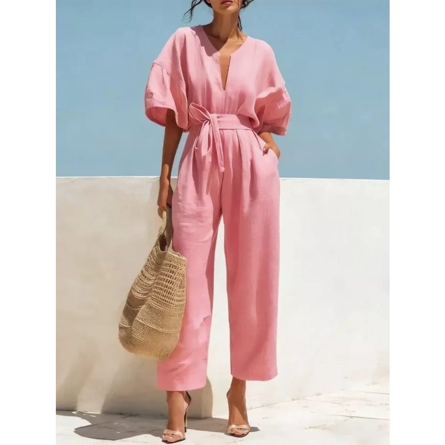 Tie Waist Wide Leg Jumpsuit Pink / S Apparel and Accessories