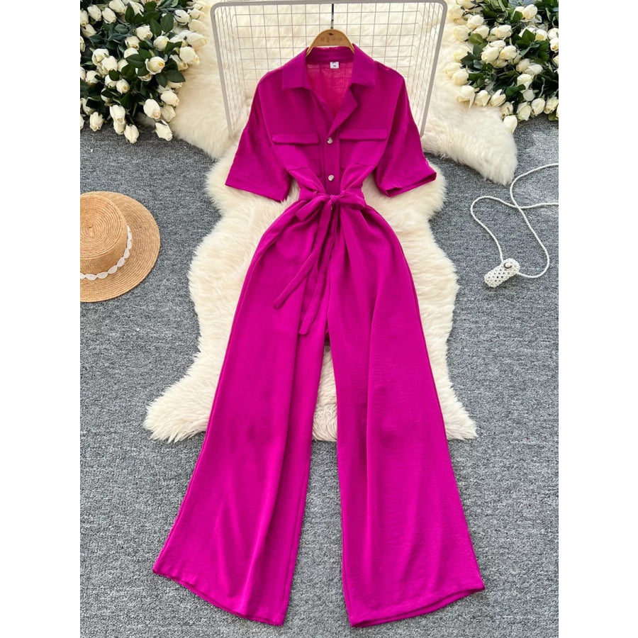 Tie Waist Wide Leg Jumpsuit Rose Red / One Size Apparel and Accessories