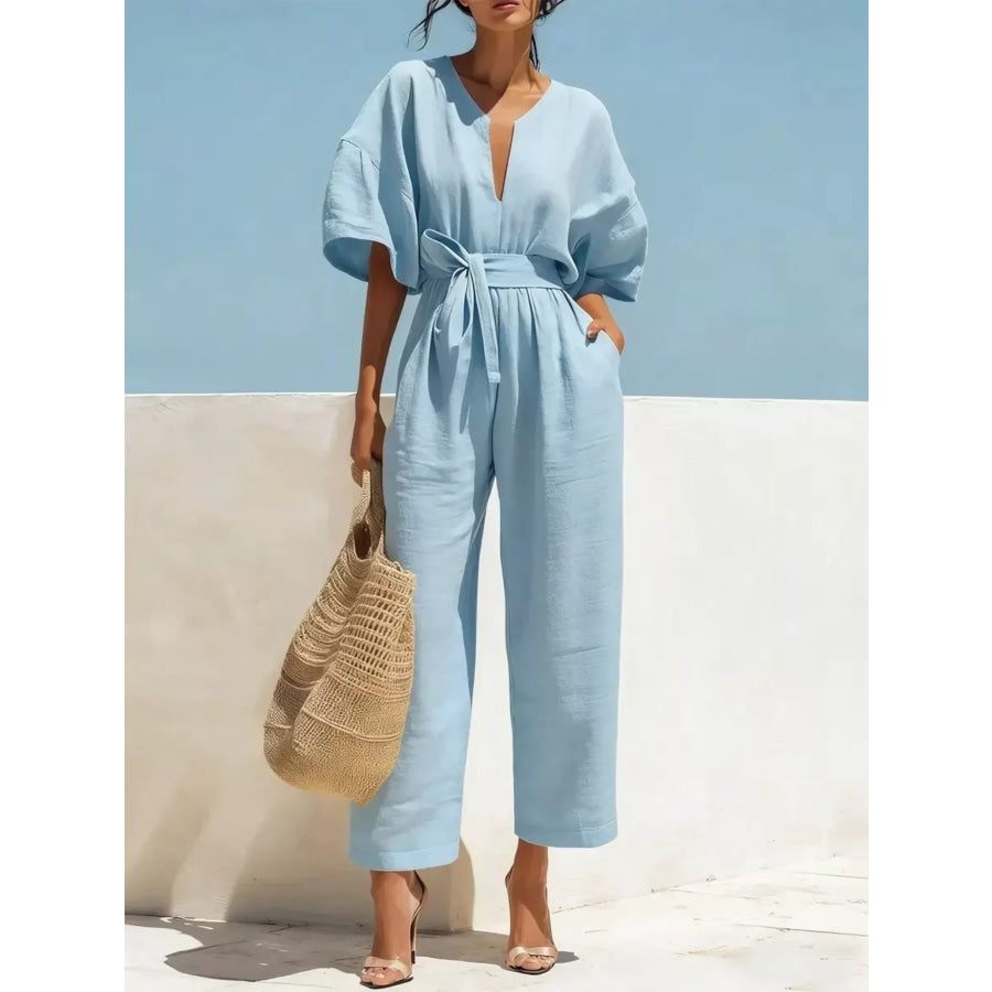 Tie Waist Wide Leg Jumpsuit Sky Blue / S Apparel and Accessories