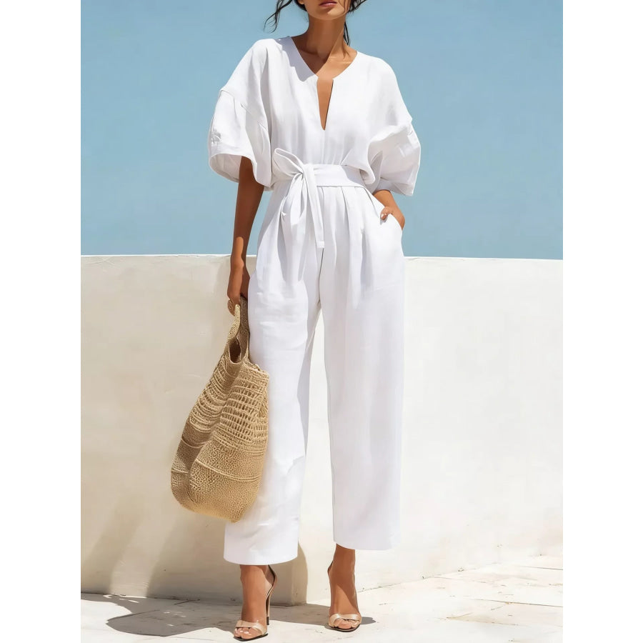 Tie Waist Wide Leg Jumpsuit White / S Apparel and Accessories