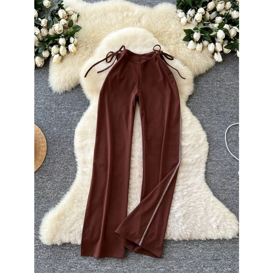 Tie-Waist Wide Leg Pants Dark Brown / S Apparel and Accessories