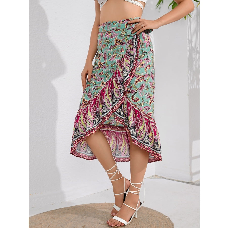 Tie Waistband Flounce Hem Midi Skirt Multicolor / S