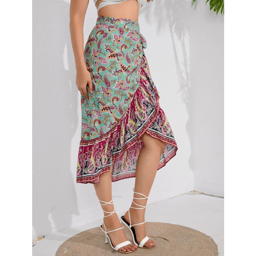 Tie Waistband Flounce Hem Midi Skirt