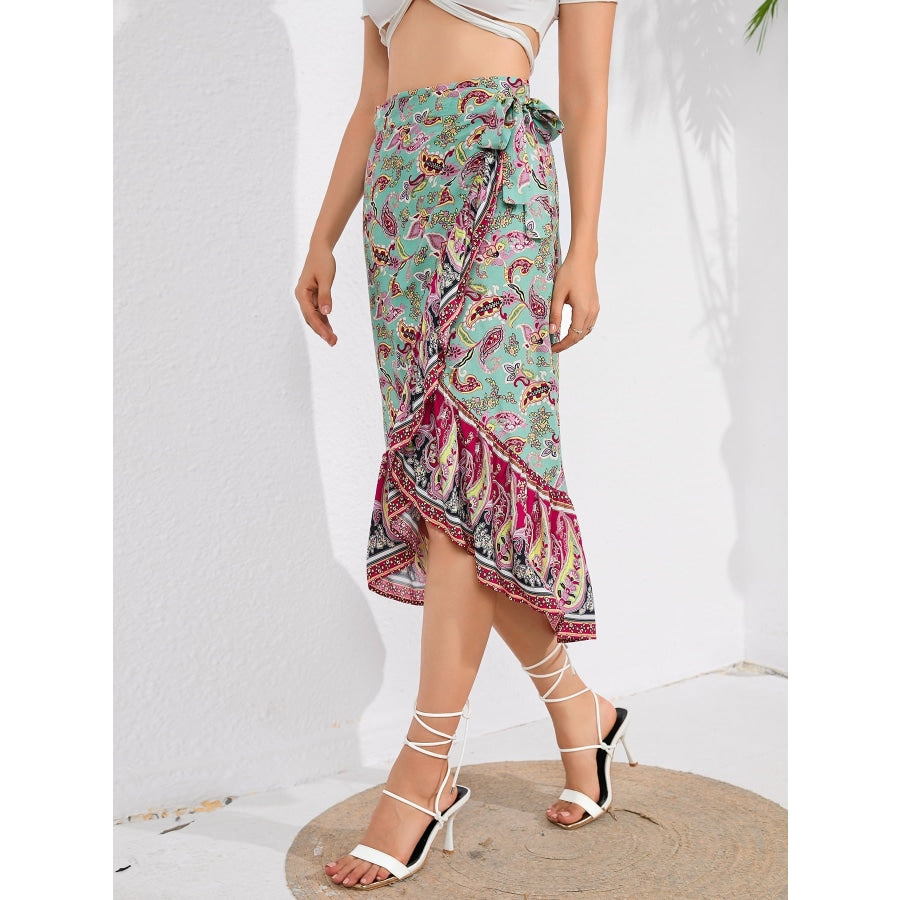 Tie Waistband Flounce Hem Midi Skirt