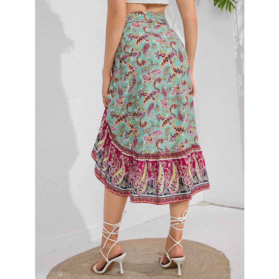 Tie Waistband Flounce Hem Midi Skirt Multicolor / S