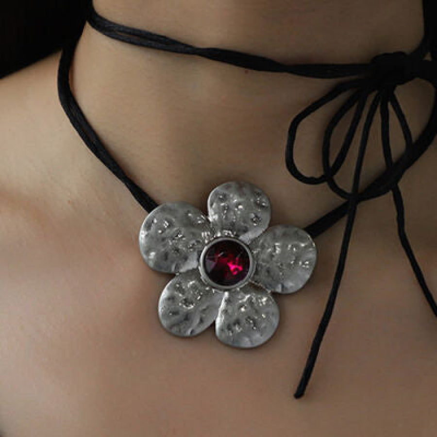 Tied Alloy Rhinestone Flower Shape Necklace Silver / One Size Apparel and Accessories