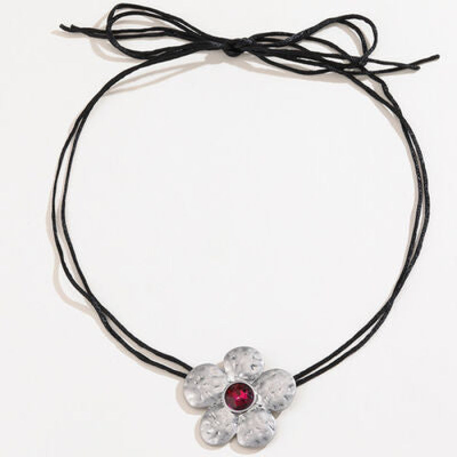 Tied Alloy Rhinestone Flower Shape Necklace Silver / One Size Apparel and Accessories
