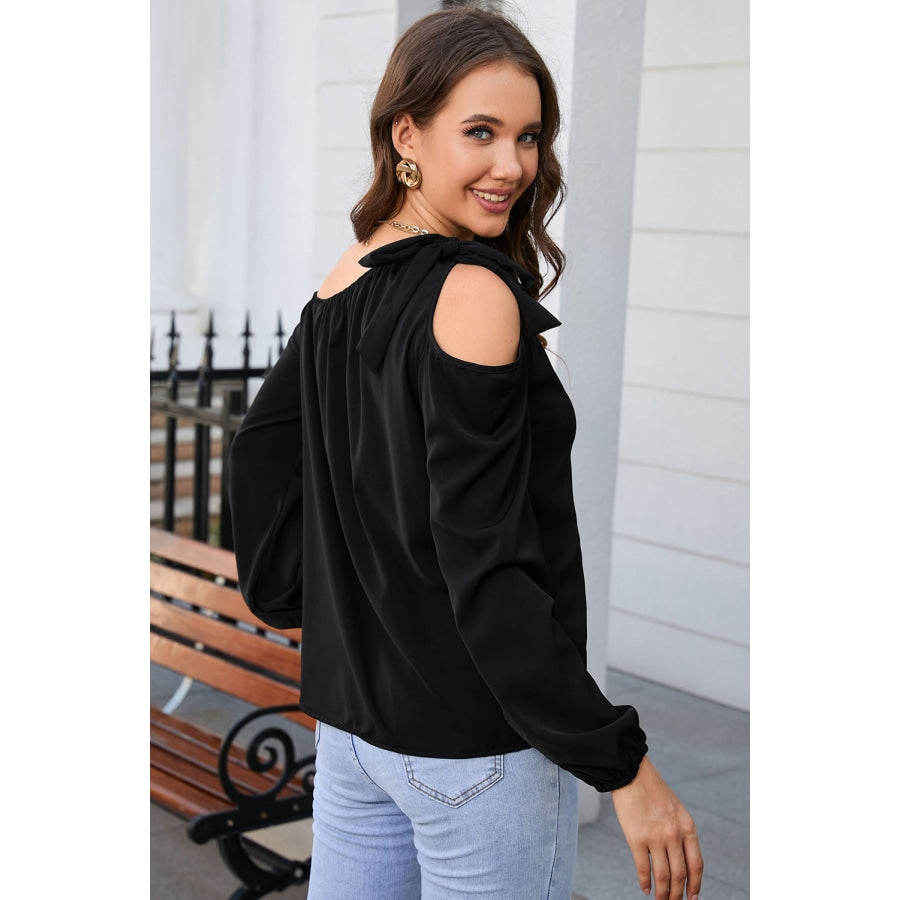 Tied Asymmetrical Neck Cold-Shoulder Blouse