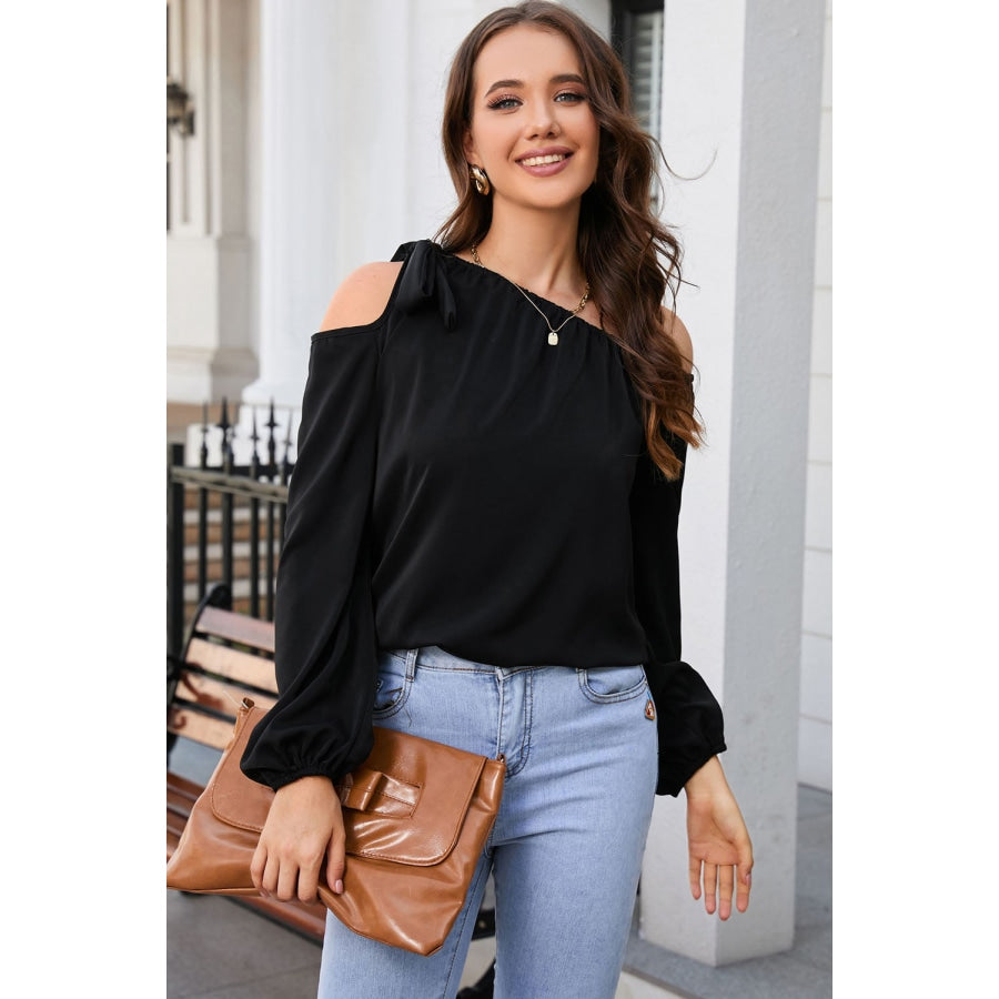 Tied Asymmetrical Neck Cold-Shoulder Blouse